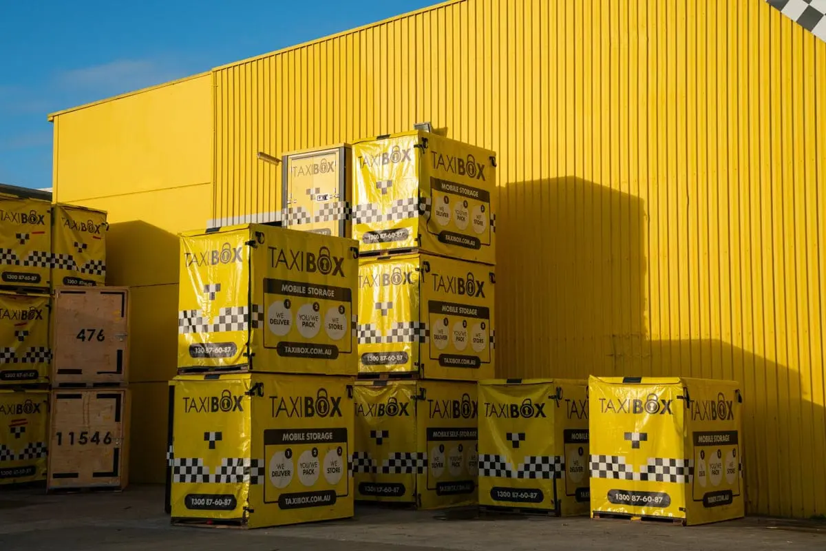 Yellow TAXIBOXES outside the Greenacre storage facility