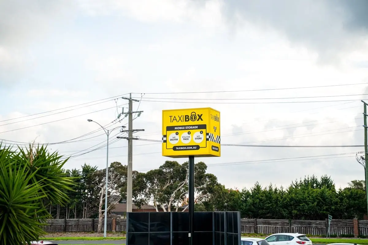 A TAXIBOX sign outside the Braeside storage facility